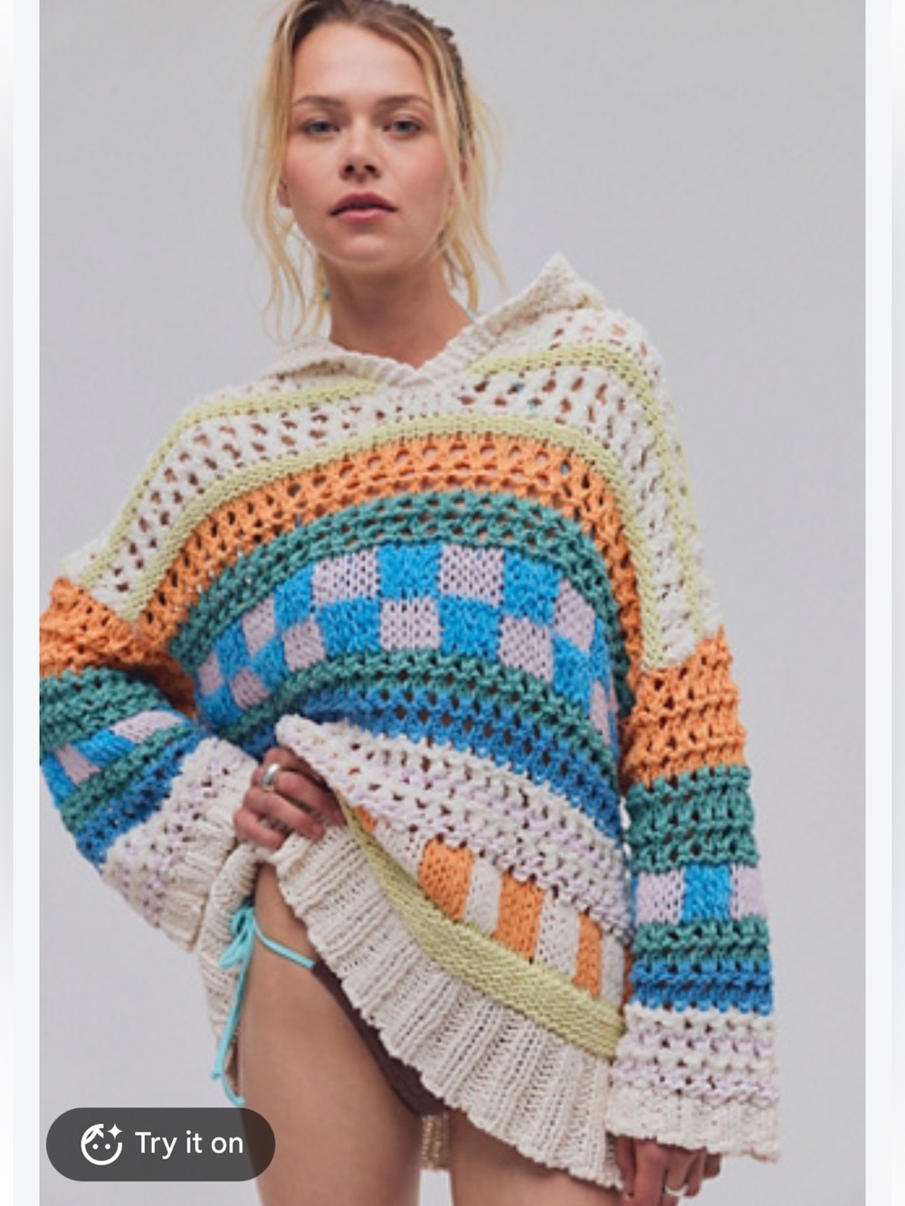 Free People Crochet Hoodie in Cream, Blue, Orange, Green, Pink